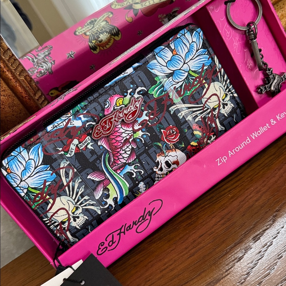 Ed Hardy Multicolor Tattoo-Inspired Zip around Wallet with Keychain